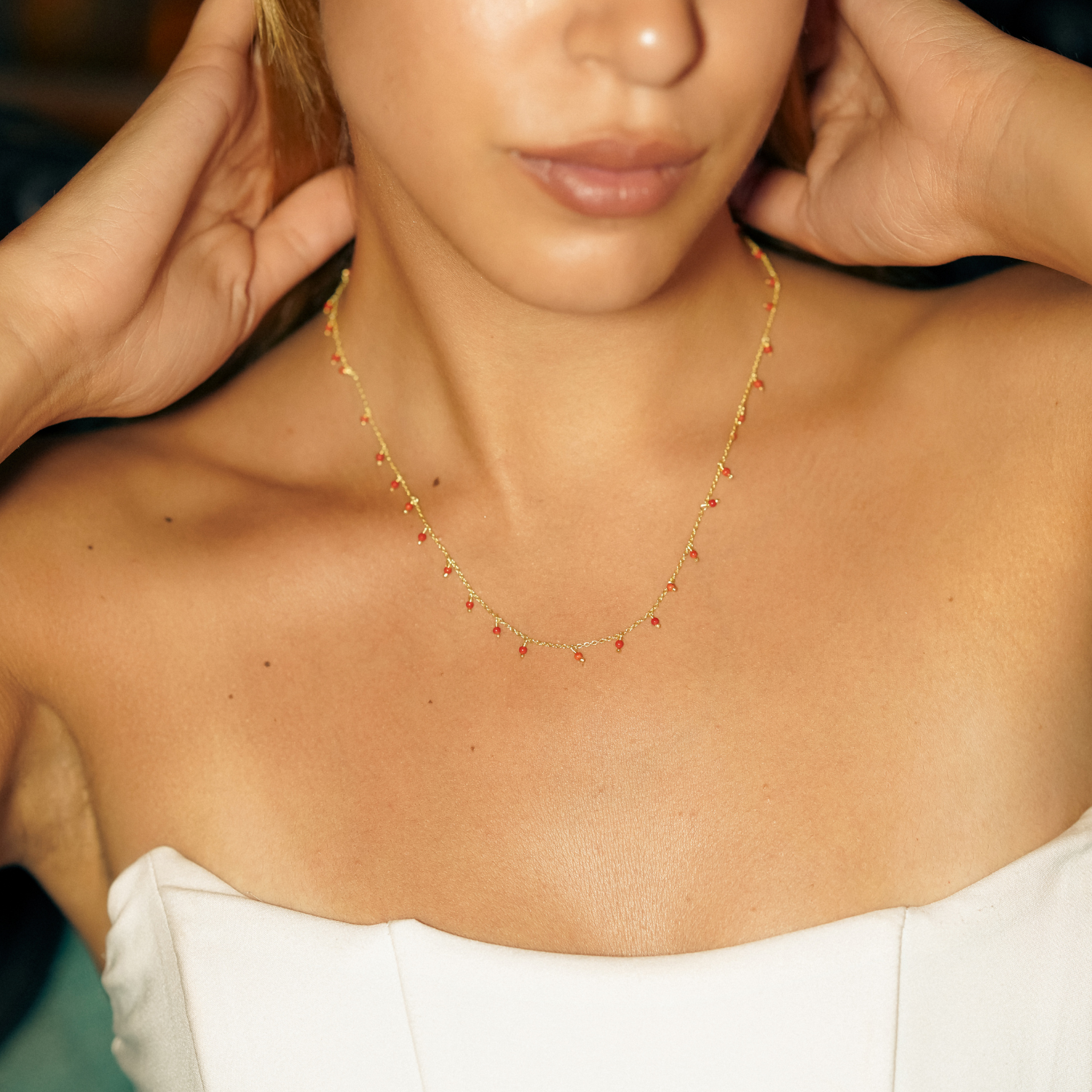 Red Coral Beaded Sterling Silver Chain Necklace