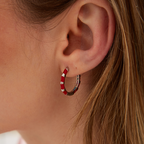 Enamel Red Fine Stripe Sterling Silver Hoop Earrings With Multi Color Zirconia Interior