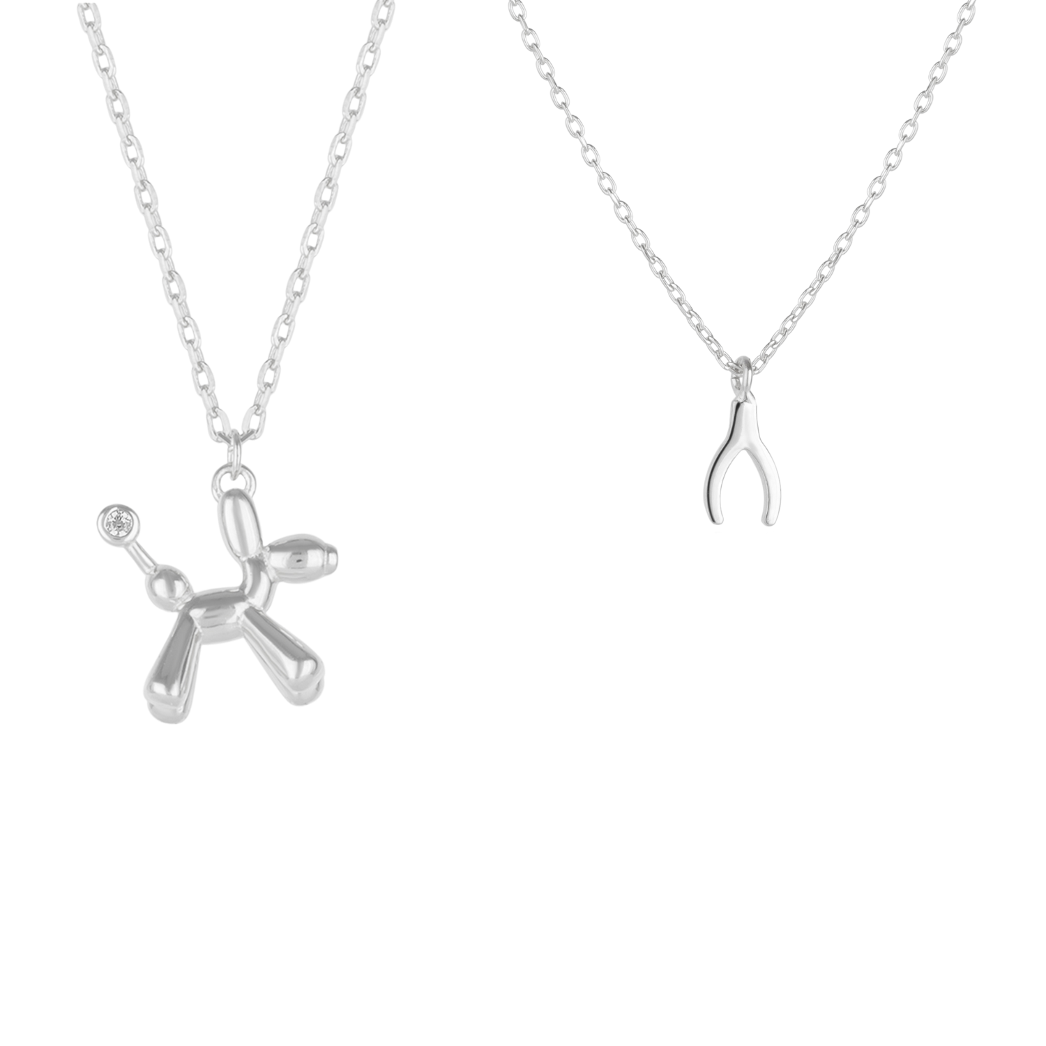 Balloon Dog Poodle & Wishbone Necklace Layering Set in Sterling Silver