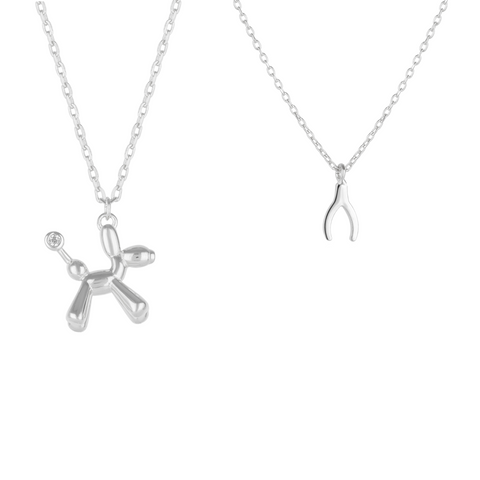 Balloon Dog Poodle & Wishbone Necklace Layering Set in Sterling Silver