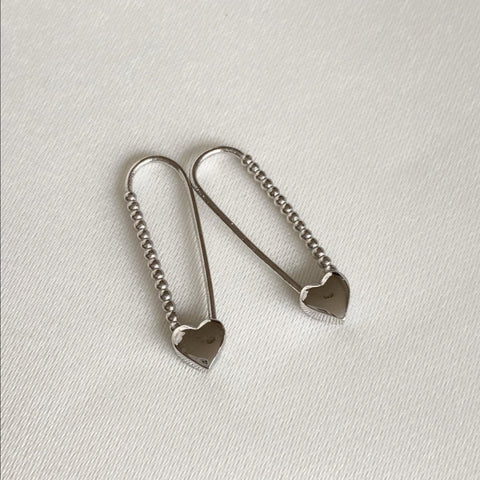 Heart Beaded Safety Pin Sterling Silver Earrings