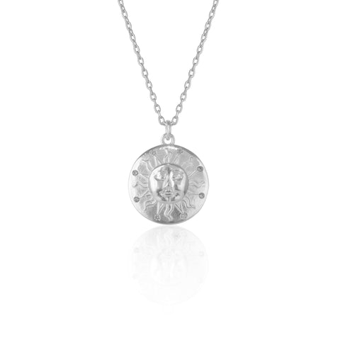 Sun Silhouette Face Embossed Sterling Silver Medal Necklace