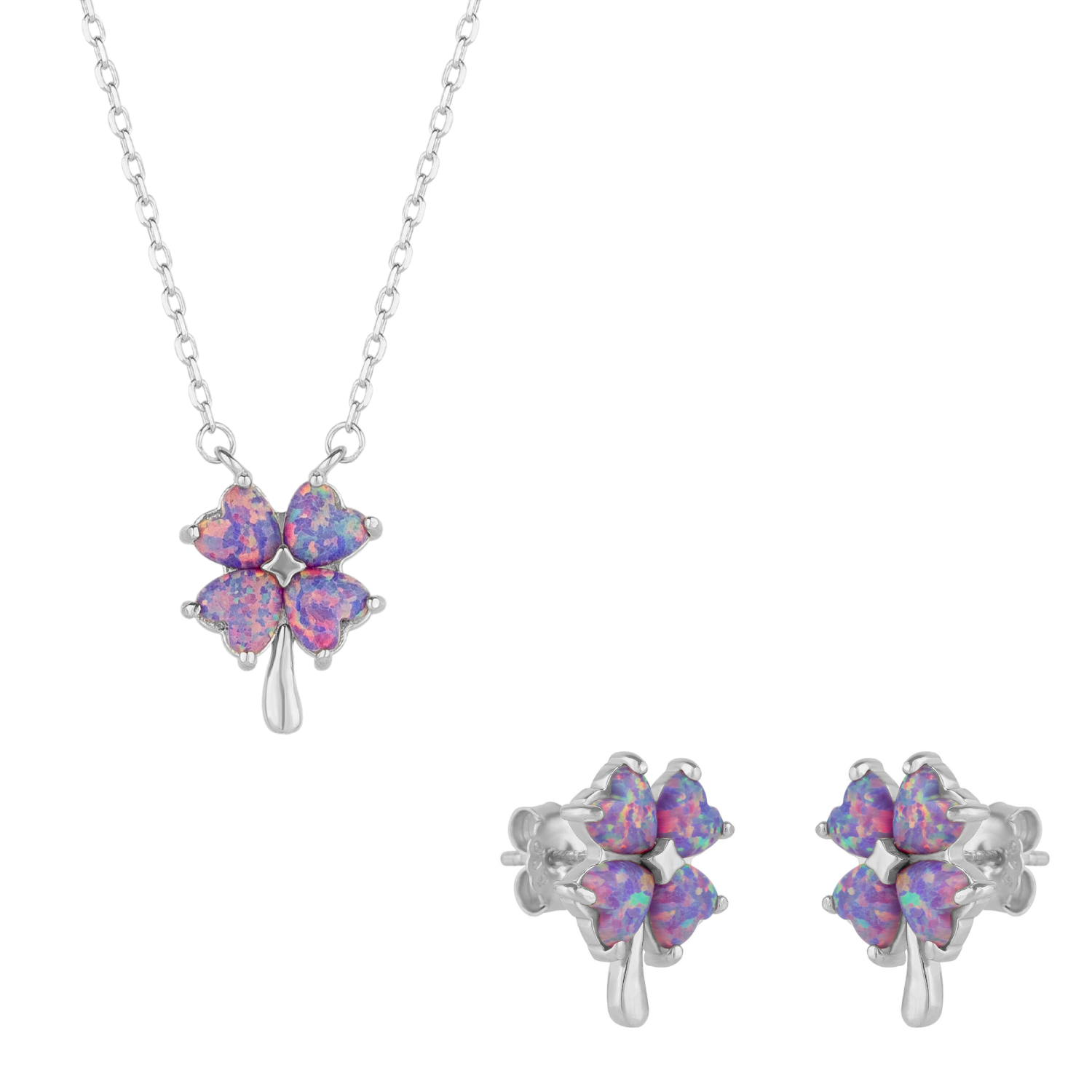 Pink & Purple Opal Four Leaf Clover Sterling Silver Necklace & Earrings Set