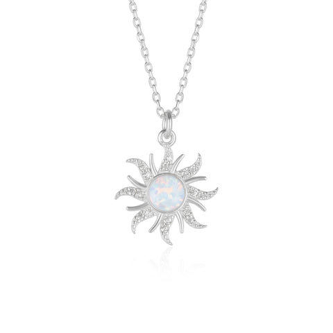 White Opal Sun & Sunburst Necklace in Sterling Silver