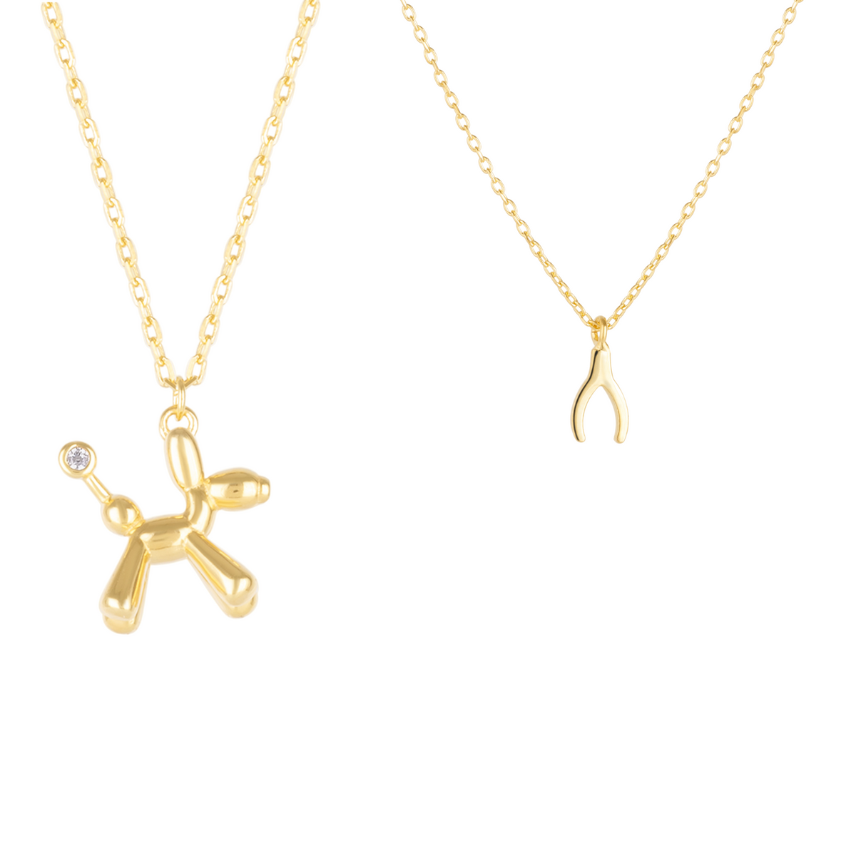 Balloon Dog Poodle & Wishbone Necklace Layering Set in Sterling Silver