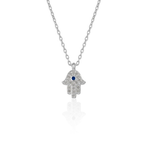 Hamsa Hand Necklace Sterling Silver With Blue Stone