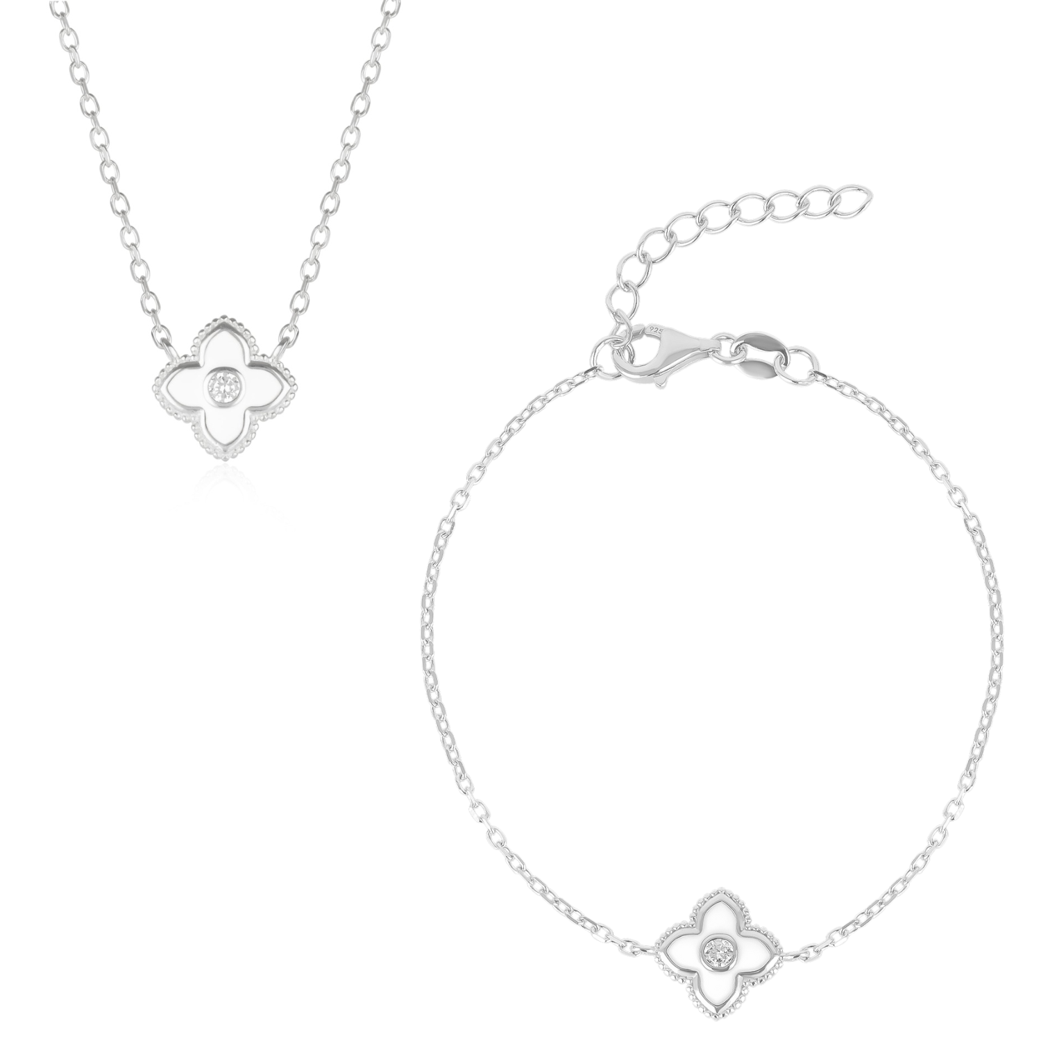 White Enamel Four Leaf Clover Necklace & Bracelet Set With Gemstone in Sterling Silver