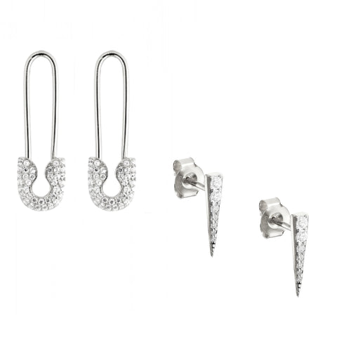 Long Pave Dagger Stud and Pave Safety Pin Earrings Set