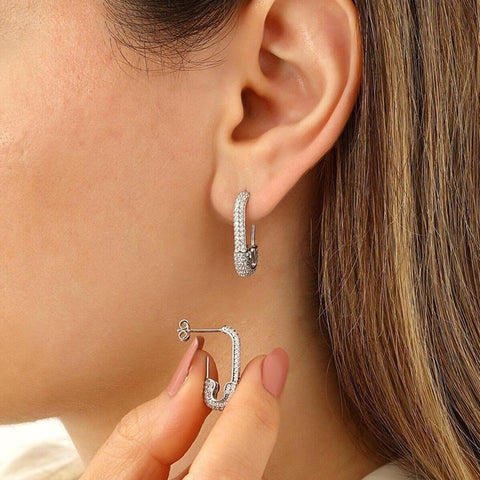 Pave Safety Pin Earrings Sterling Silver