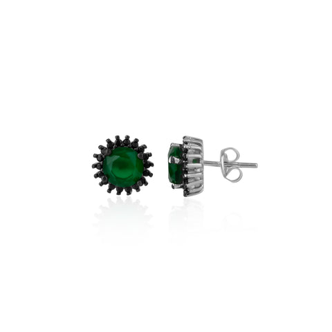 Black Emerald Color Double Halo Stud Earrings in Sterling Silver