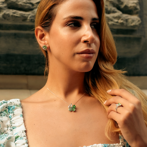 Four Leaf Clover Tones Of Green Earring, Necklace & Ring Set in Sterling Silver