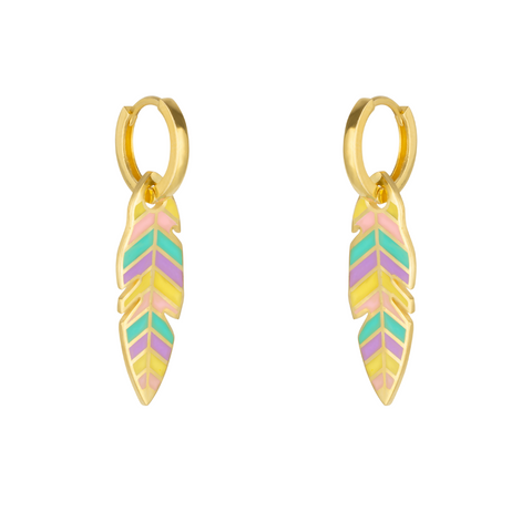 Feather Leaves Rainbow Enamel Hoop Earrings