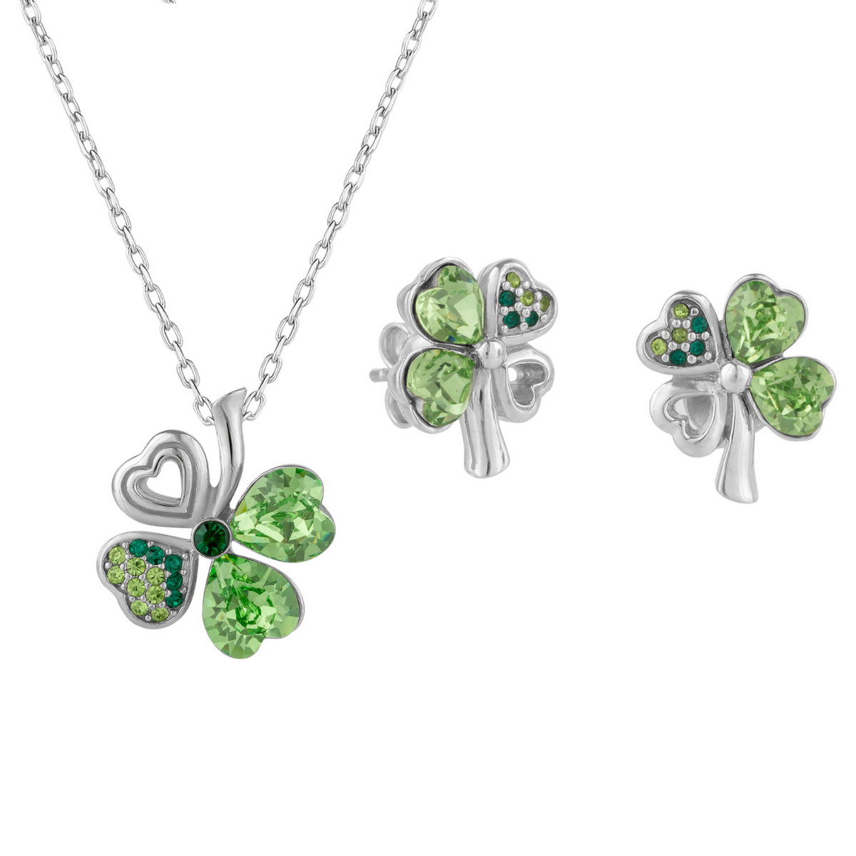 Four Leaf Clover Tones Of Green Earring and Necklace Set in Sterling Silver