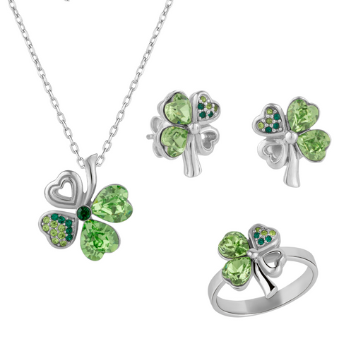 Four Leaf Clover Tones Of Green Earring, Necklace & Ring Set in Sterling Silver