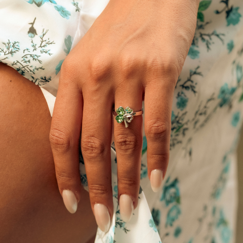 Four Leaf Clover Tones Of Green Earring, Necklace & Ring Set in Sterling Silver