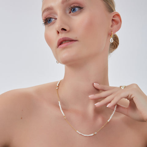 Baroque Irregular Pearl Jewelled Sterling Silver Chain Necklace in Gold