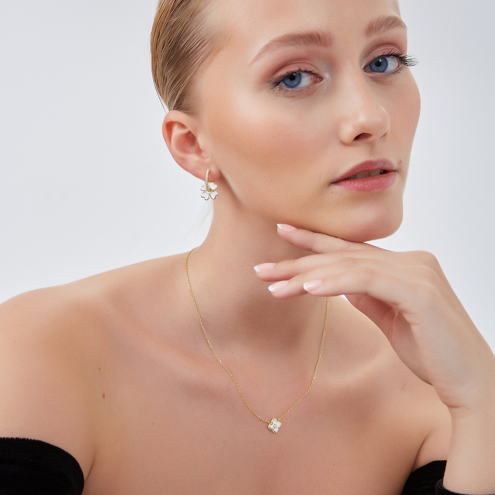 White Enamel Four Leaf Clover Necklace & Bracelet Set With Gemstone in Sterling Silver