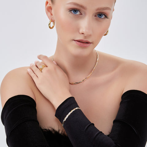 Gold Rose Gold and Silver Spiral Sterling Silver Flat Necklace and Bracelet Set