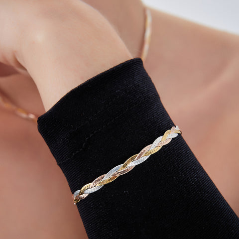 Gold Rose Gold and Silver Spiral Sterling Silver Flat Bracelet