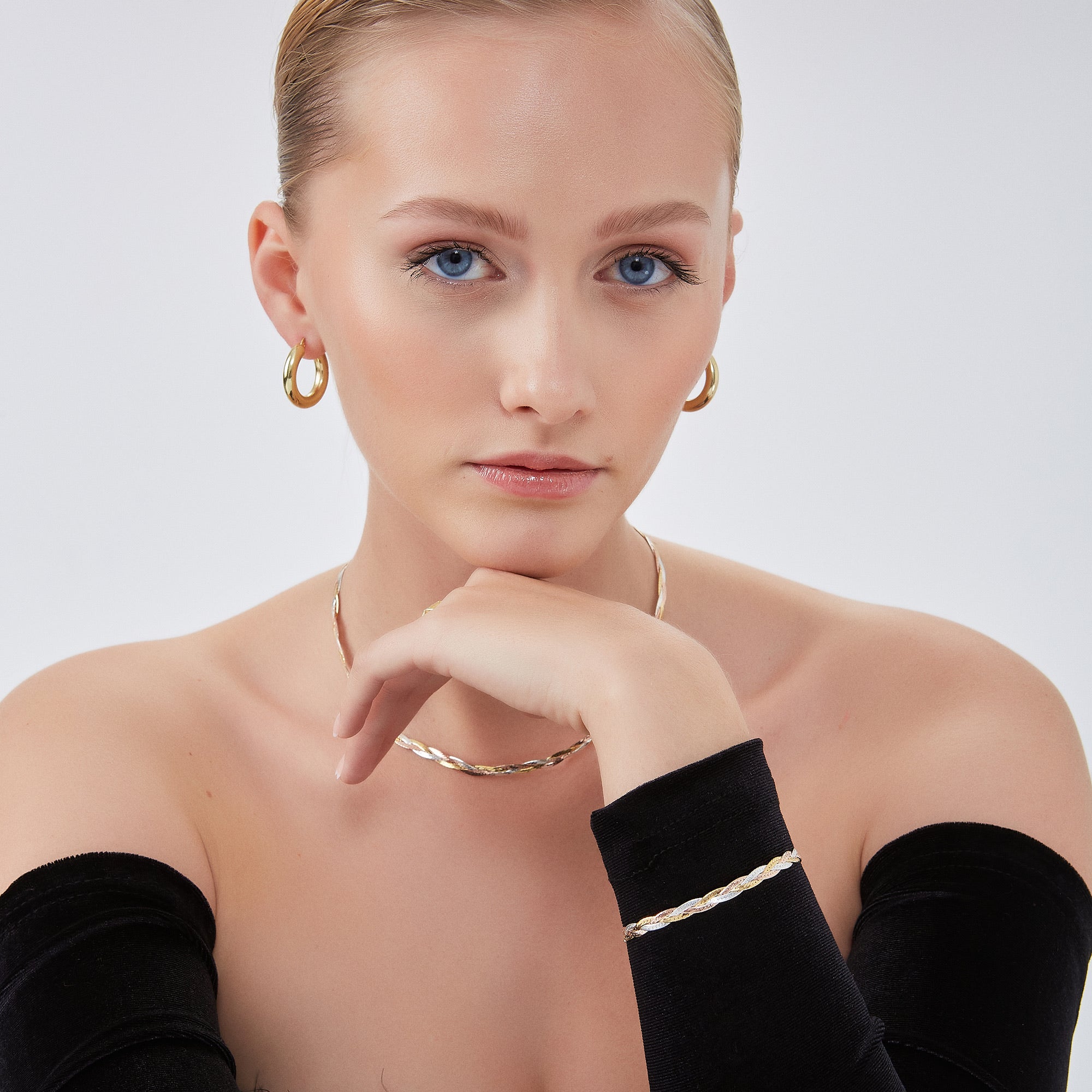 Gold Rose Gold and Silver Spiral Sterling Silver Flat Necklace and Bracelet Set