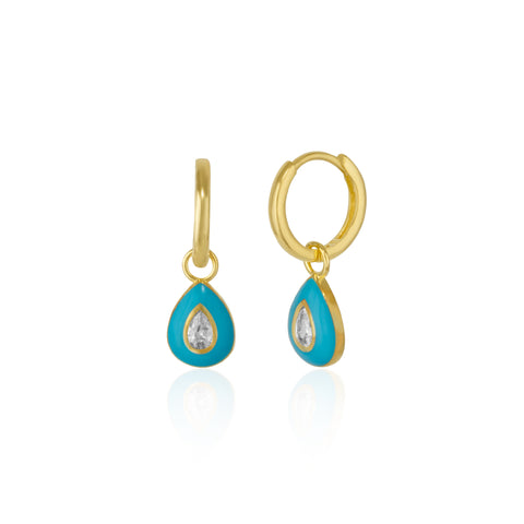 Enamelled Jewelled Sterling Silver Drop Hoop Earrings