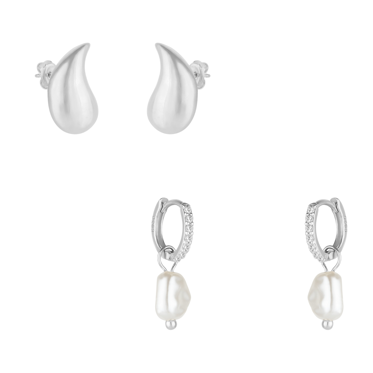 Pear Teardrop And Huggie Pearl Drop Earrings in Sterling Silver