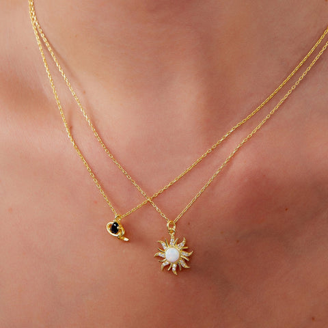 White Opal Sun & Sunburst and Saturn Necklace Layering Set in Sterling Silver