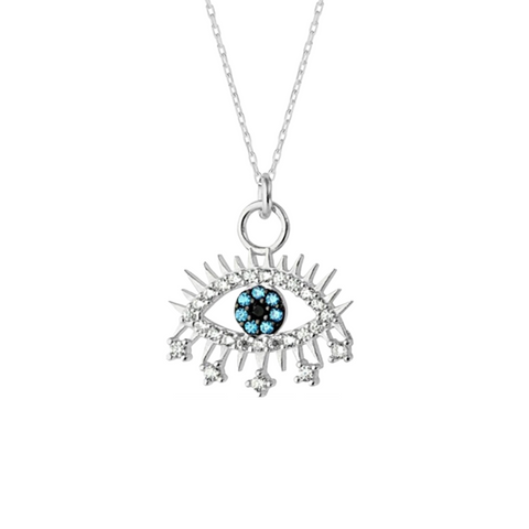 Evil Eye Earring Blue Eye Eyelash Sterling Silver Pendant Necklace