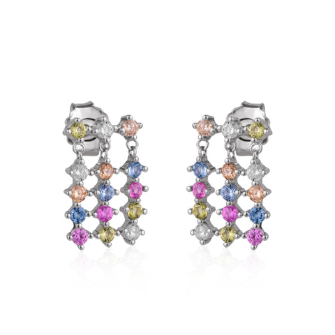 Colourful Rainbow Jewelled Sterling Silver Cluster Stud Drop Earrings