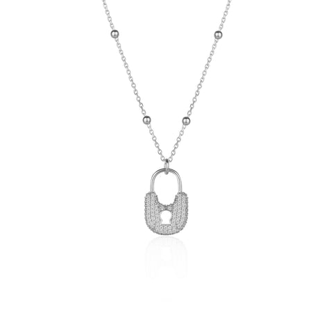 Lock Pendant Necklace With Beaded Chain Sterling Silver