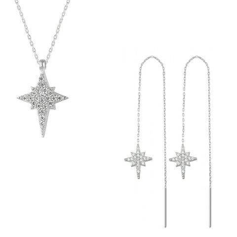 Northern Star Polaris Sterling Silver Necklace and Drop Chain Earring Set