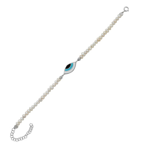 Pearl Evil Eye Sterling Silver Bracelet