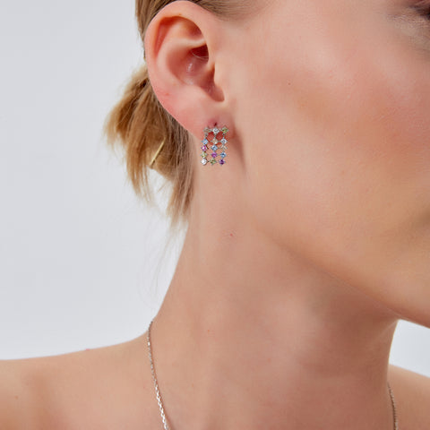 Colourful Rainbow Jewelled Sterling Silver Cluster Stud Drop Earrings