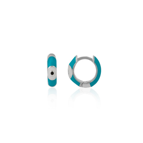 Navy Blue & Turquoise Enamelled Jewelled Eye Sterling Silver Huggie Hoop Earrings