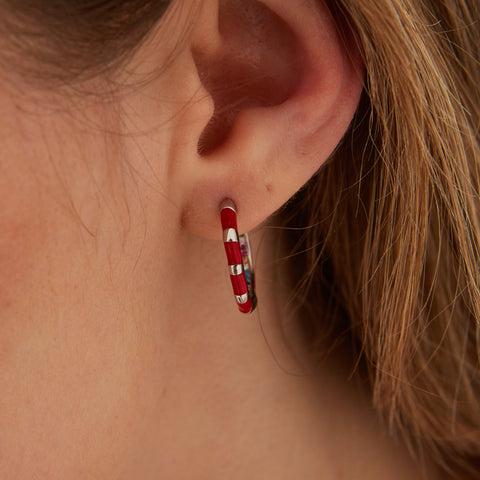 Enamel Red Fine Stripe Sterling Silver Hoop Earrings With Multi Color Zirconia Interior