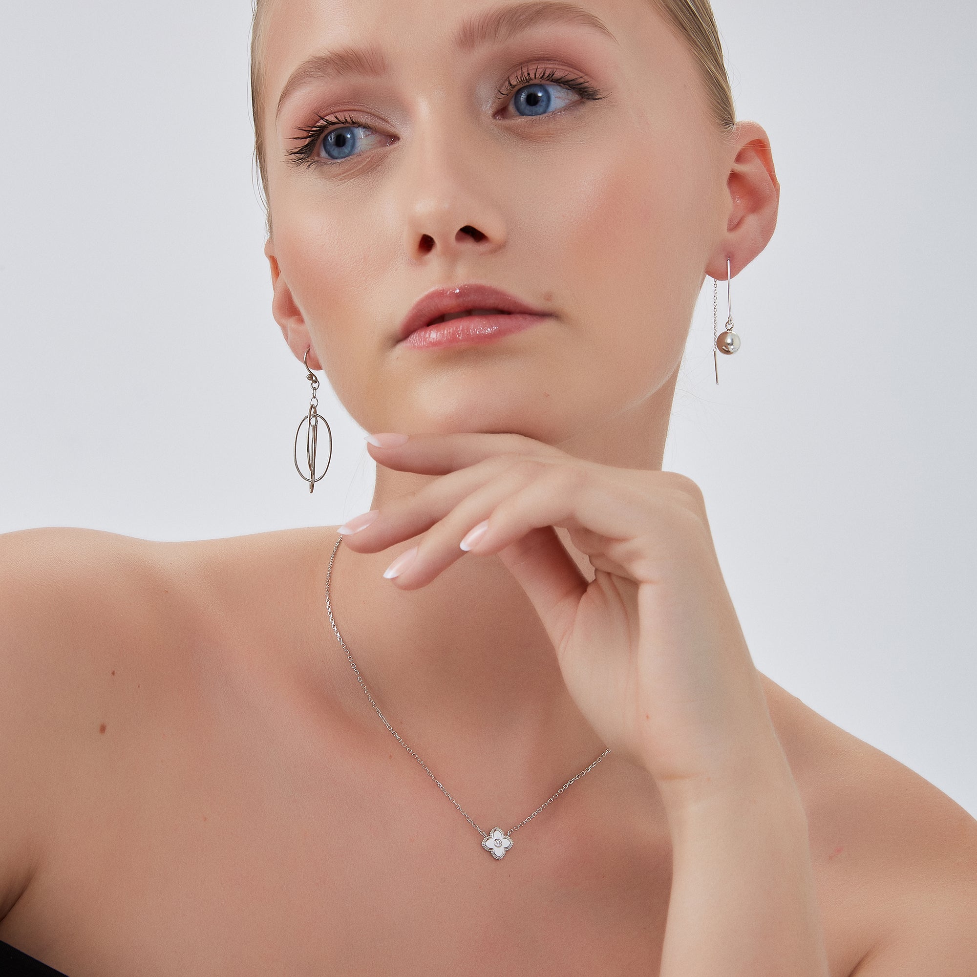 White Enamel Four Leaf Clover Necklace & Bracelet Set With Gemstone in Sterling Silver