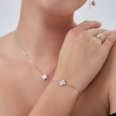 White Enamel Four Leaf Clover Necklace & Bracelet Set With Gemstone in Sterling Silver