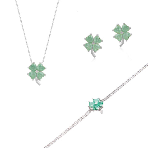 Best of Luck Four Leaves Clover Sterling Silver Bracelet Necklace and Stud Earrings Set