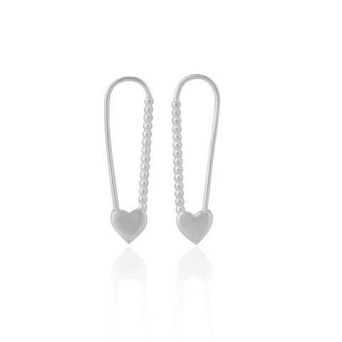 Heart Beaded Safety Pin Sterling Silver Earrings