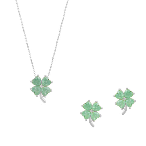 Four Leaves Clover Sterling Silver Earrings and Necklace Set in Green