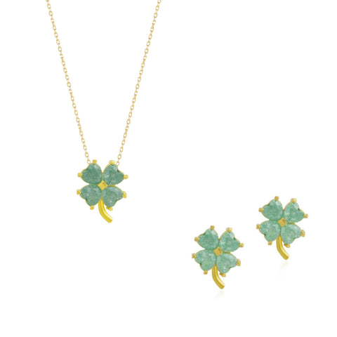 Four Leaves Clover Sterling Silver Earrings and Necklace Set in Green