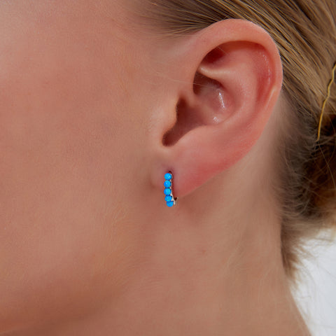 Beaded Blue Opal Huggie Hoop Earrings