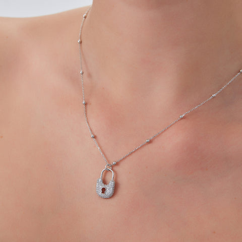 Lock Pendant Necklace With Beaded Chain Sterling Silver