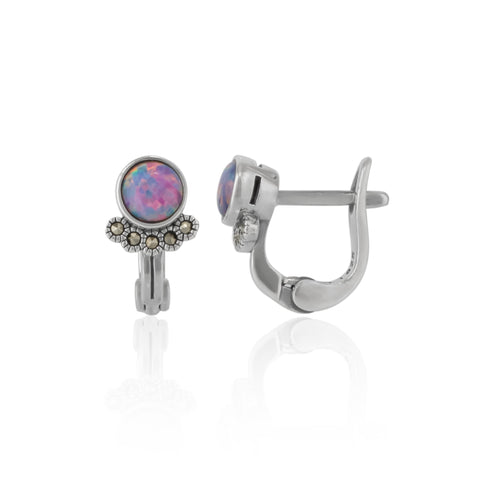 Sterling Silver High Quality Round Purple Opal Earrings With Marcasite Jewels