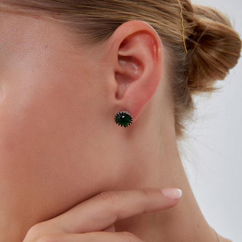 Black Emerald Color Double Halo Stud Earrings in Sterling Silver