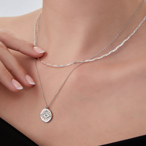 Eye Coin and Rectangular Chain Sterling Silver Evil Eye Necklace Set