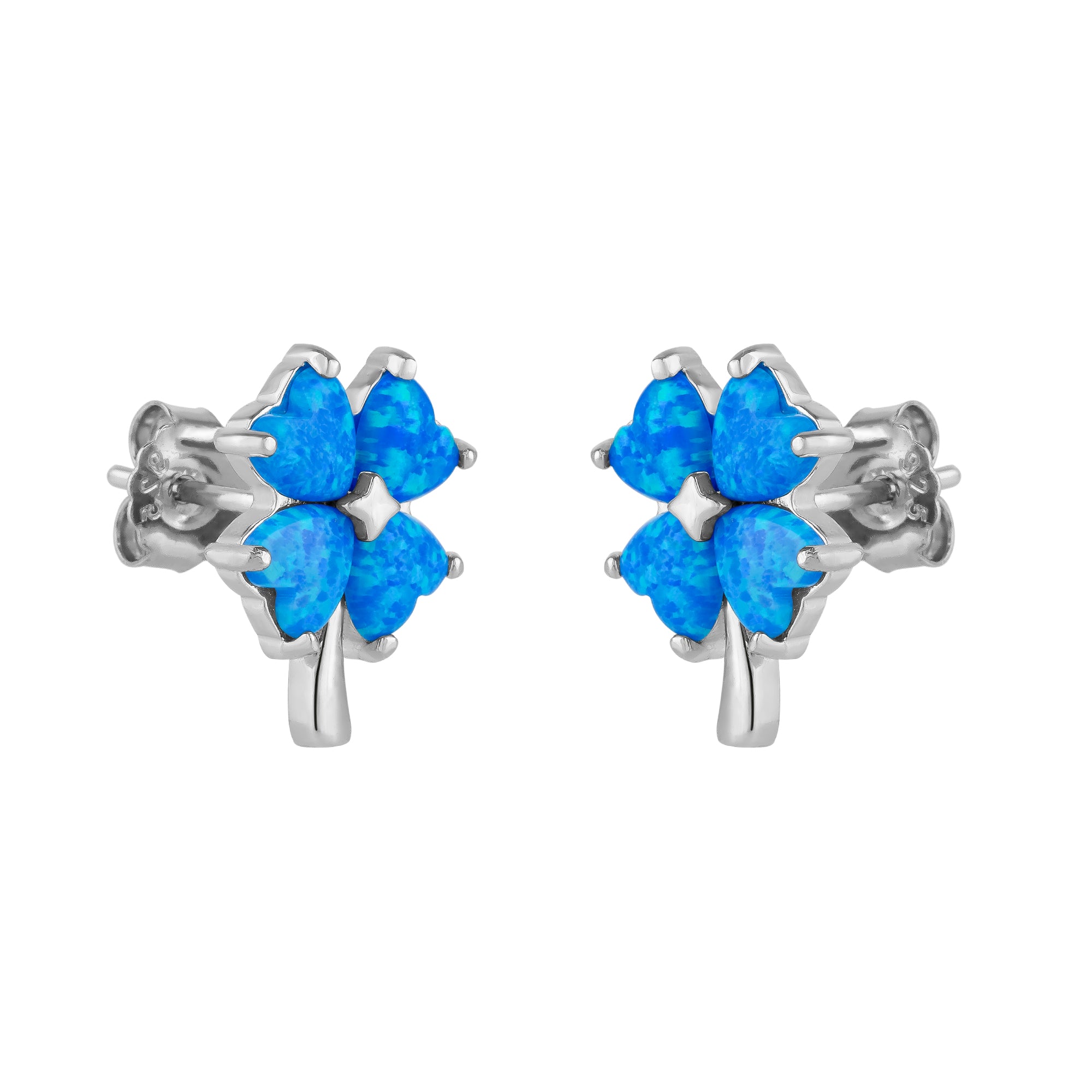 Blue Opal Four Leaves Clover Sterling Silver Stud Earring