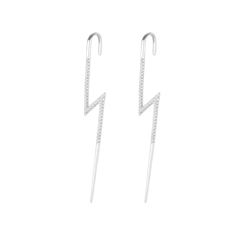 Sterling Silver Lightning Bolt Ear Crawler with Sparkling White Gemstones - Pair