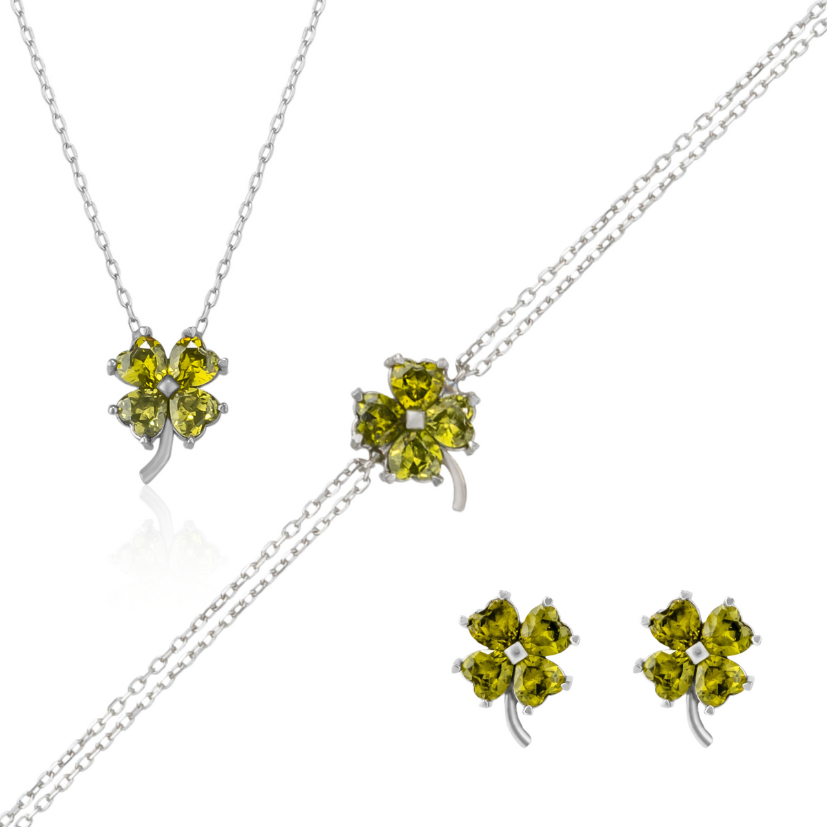 Four Leaf Clover Sterling Silver Stud Earrings Bracelet and Necklace Set - Mystic Green