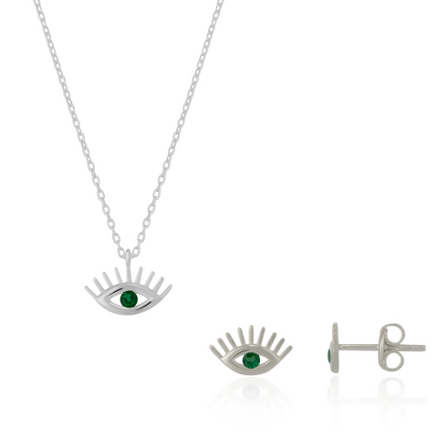 Emerald Eye Evil Eye Sterling Silver Necklace and Stud Earring Set